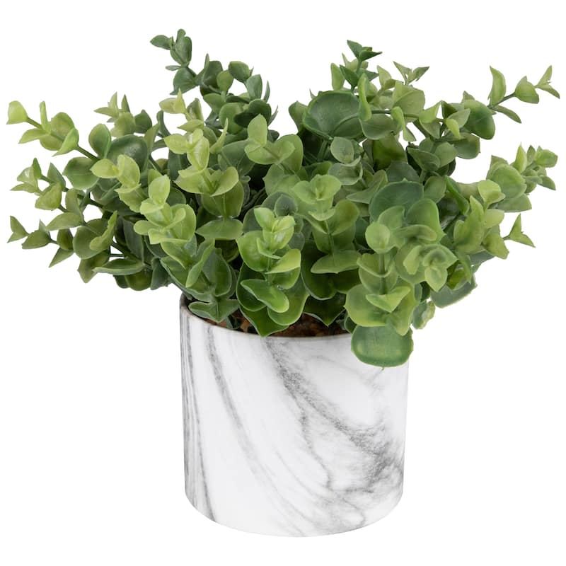 9" Green Artificial Eucalyptus in a Marble Style White Pot