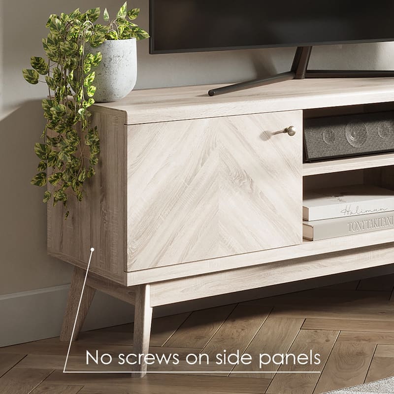 Living Skog Scandi Mid-Century Modern Herringbone TV Stand for TV Up to 65 Inches with Wooden Legs