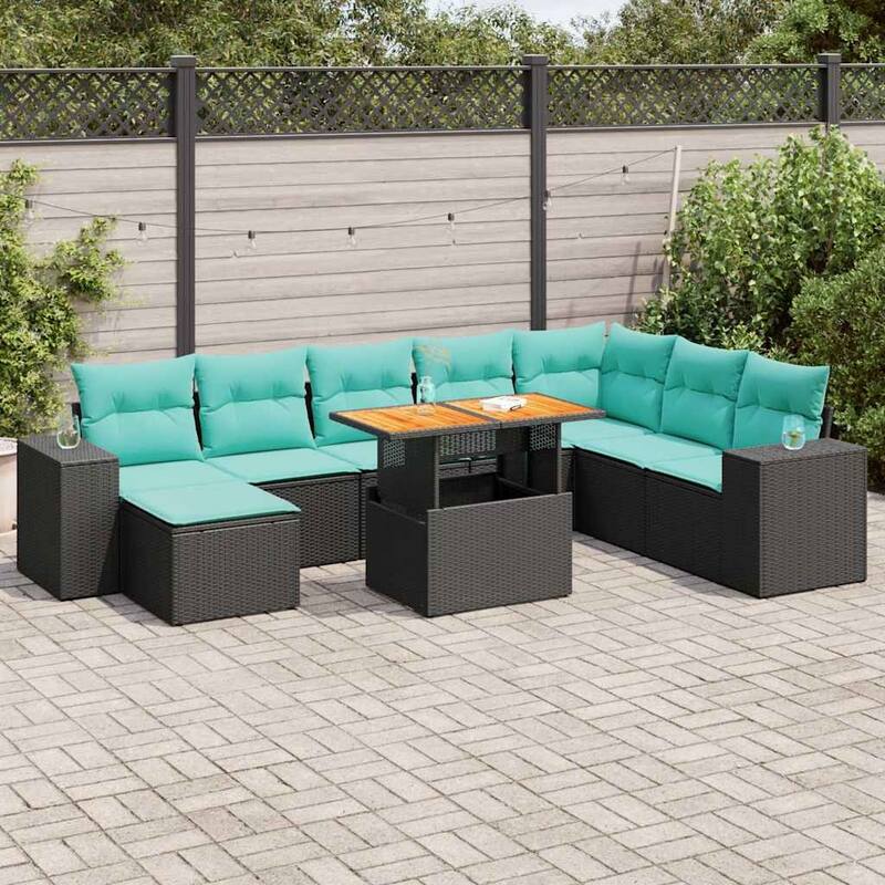 vidaXL 9 Piece Patio Sofa Set with Cushions Black Poly Rattan - 21.7 x 24.4 x 27.2