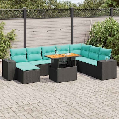 vidaXL 9 Piece Patio Sofa Set with Cushions Black Poly Rattan - 21.7 x 24.4 x 27.2
