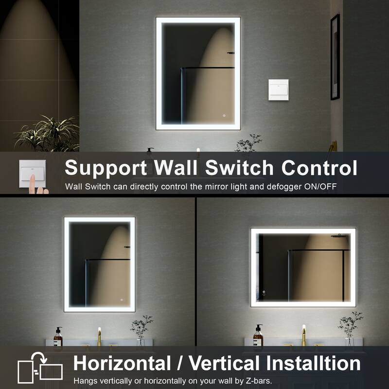 Wall Mounted Bathroom Framed LED Mirror With Dimmable Light Touch Sensor And Memory Function, Anti- Fog