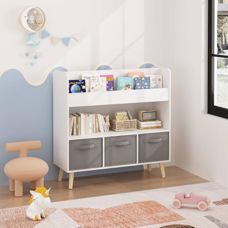 Anmytek Toddler Bookshelf with 3 Fabric Bins Storage Bookcase for Nursery Playroom Bedroom