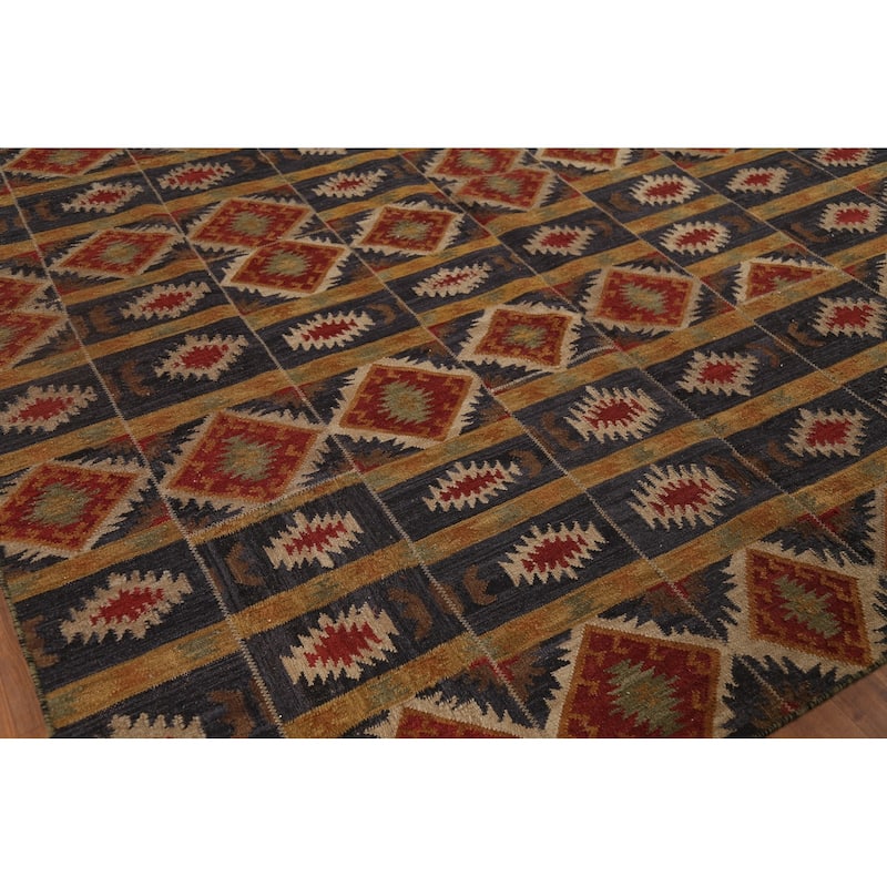 Kilim Area Rug Flatweave Oriental Blue Wool Carpet - 7'11"x 9'9"