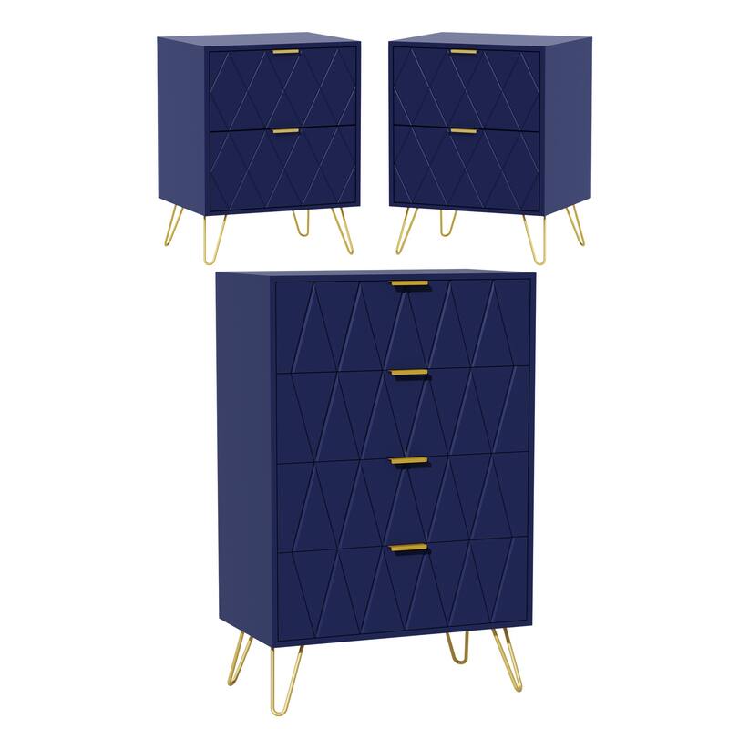 4 Drawer Dresser and 2 Set Nightstand for Bedroom Combo - Navy Blue
