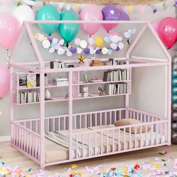 slide 2 of 12, Pink Space-Saving Twin Size Kids Bed House Bed with Fence and Shelves Pink