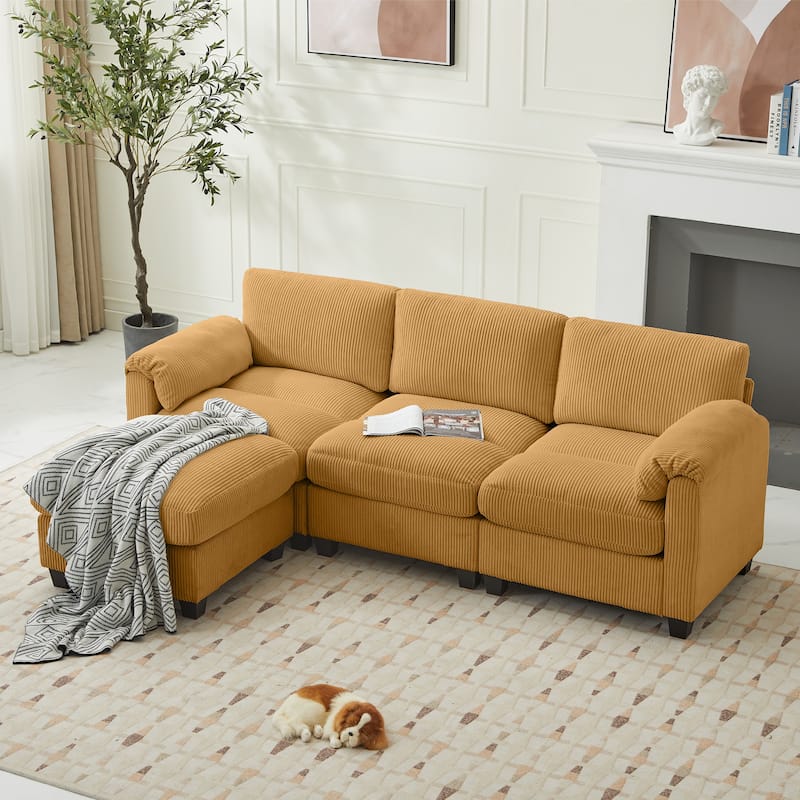 Corduroy Sectional Sofa with a Removable Ottoman, L-shaped Reversible 4-seat Modular Couch