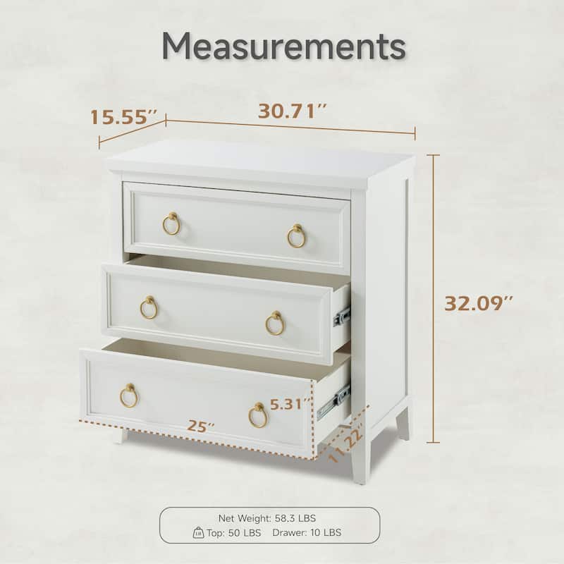 COZAYH Farmhouse Fully-Assembled 3-Drawer Dresser Chest with Bronze Metal Ring Handles, Vintage French Country Nightstand
