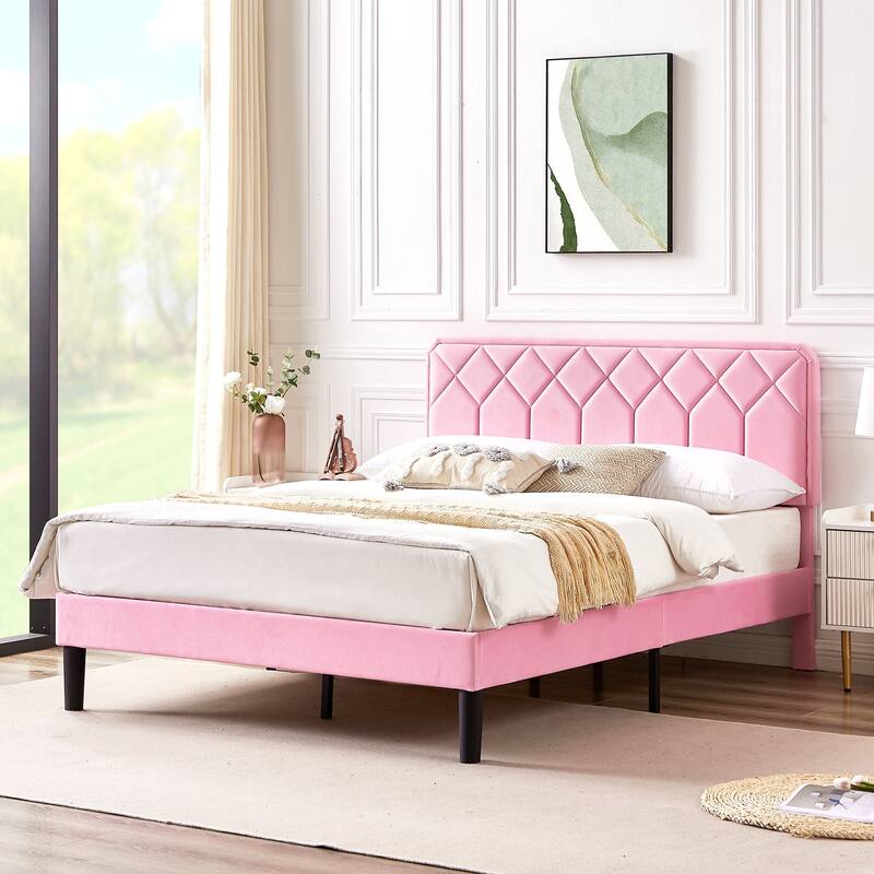 VECELO Pink Velvet Upholstered Bed Frame with Adjustable Headboard No Box Spring Needed Under Bed Storage Platform Bed