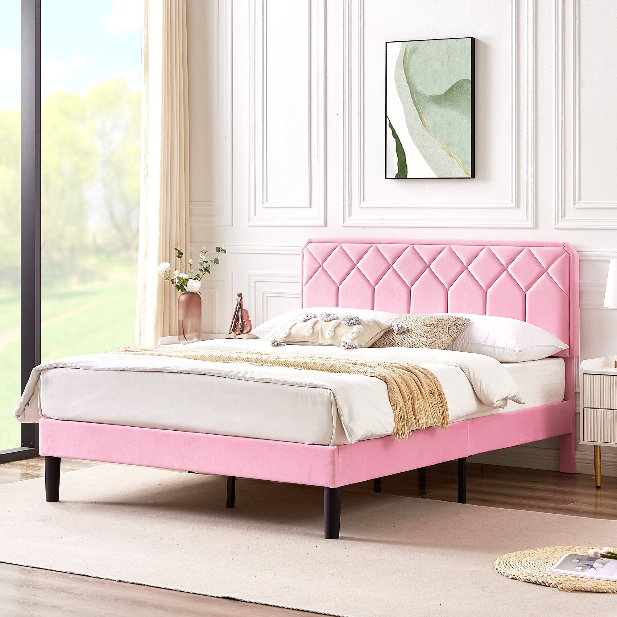 VECELO Upholstered Bed Frame with Adjustable Headboard Twin Full Queen Size Beds Pink On Sale Bed Bath Beyond 37576564
