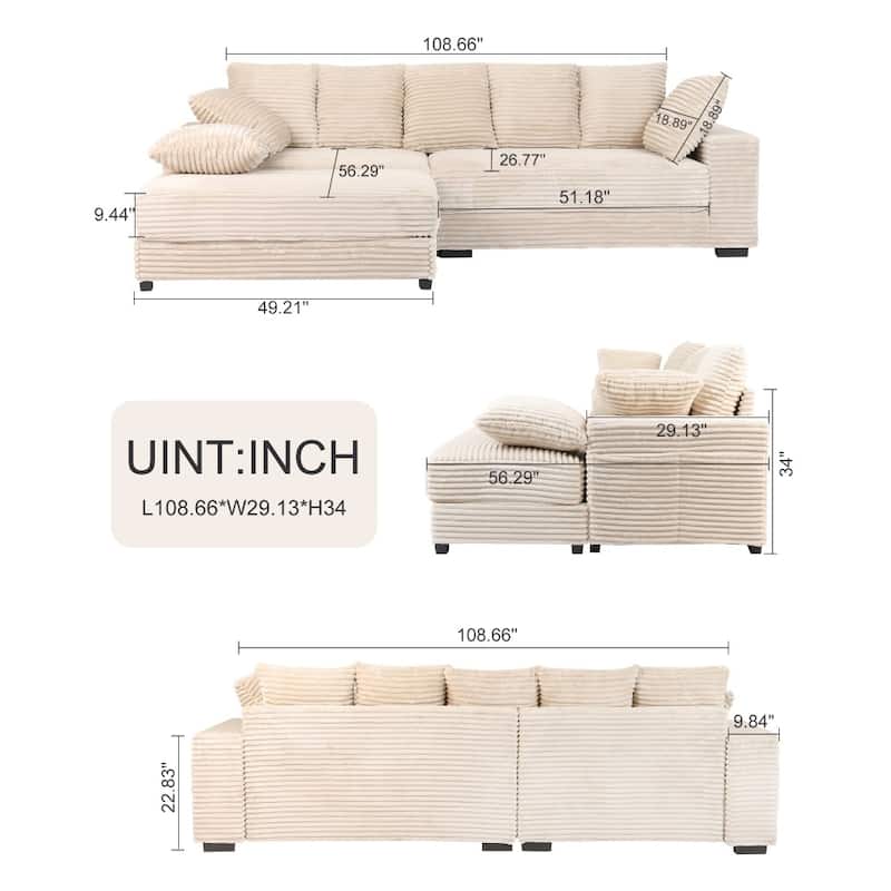 108.66" Thickened Corduroy Sectional Sofa with Storage Ottoman & Throw Pillows