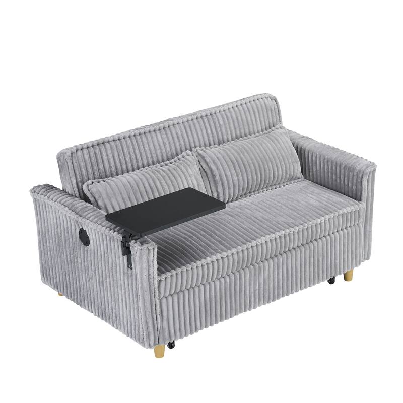 Gray Corduroy Pull-out Sofa with Movable Tabletop and USB Ports