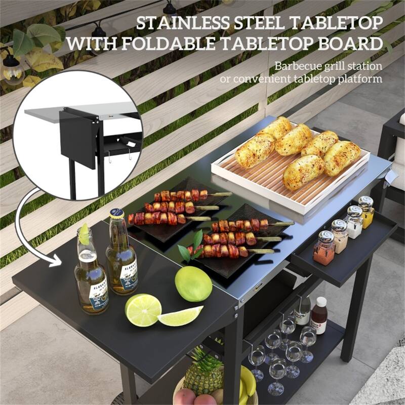 Stainless Steel Serving Cart with Two Shelves, Hooks, Spice Containers, and Foldable Table for Patio, Backyard