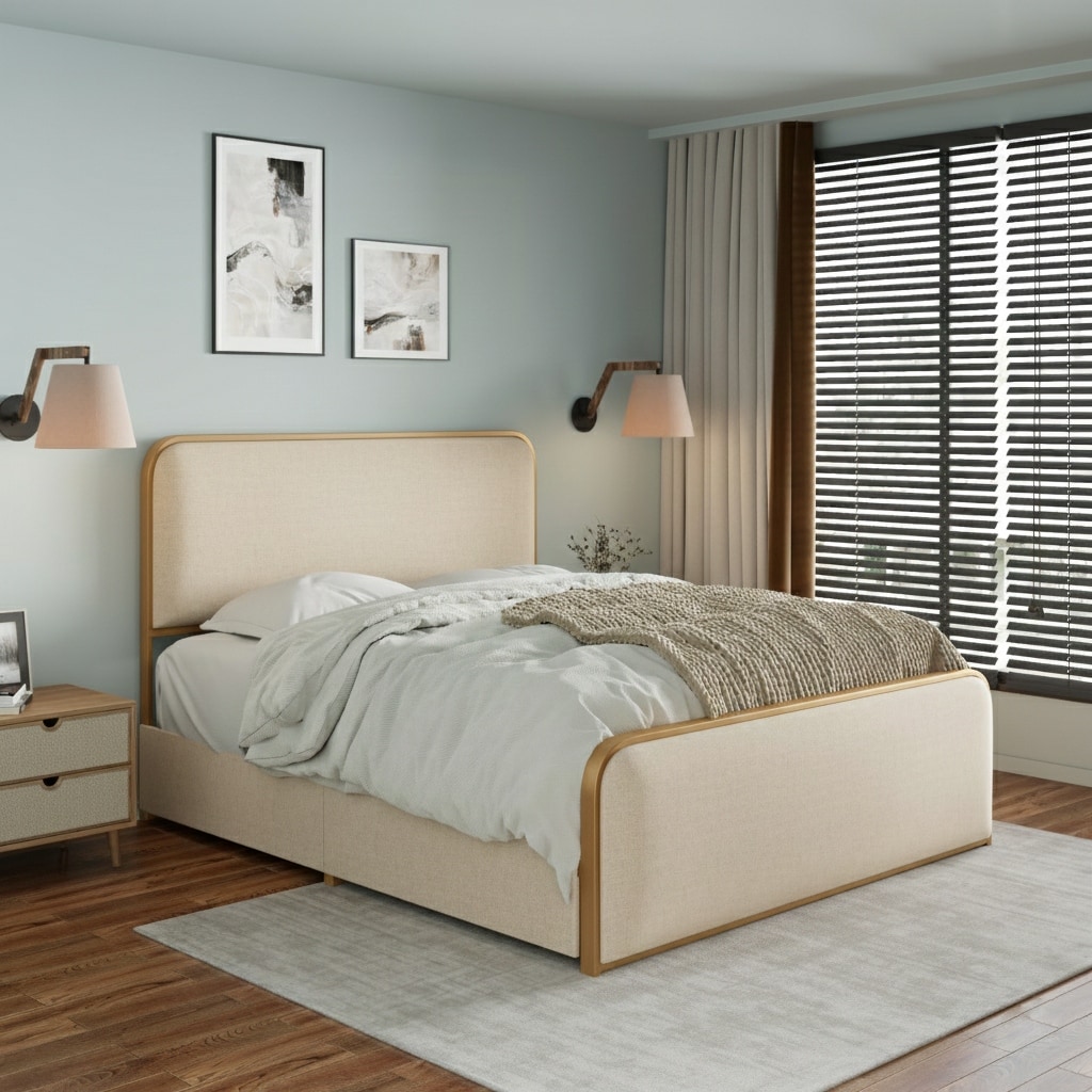 Gold Metal Bed Frame with Upholstered Headboard & Storage