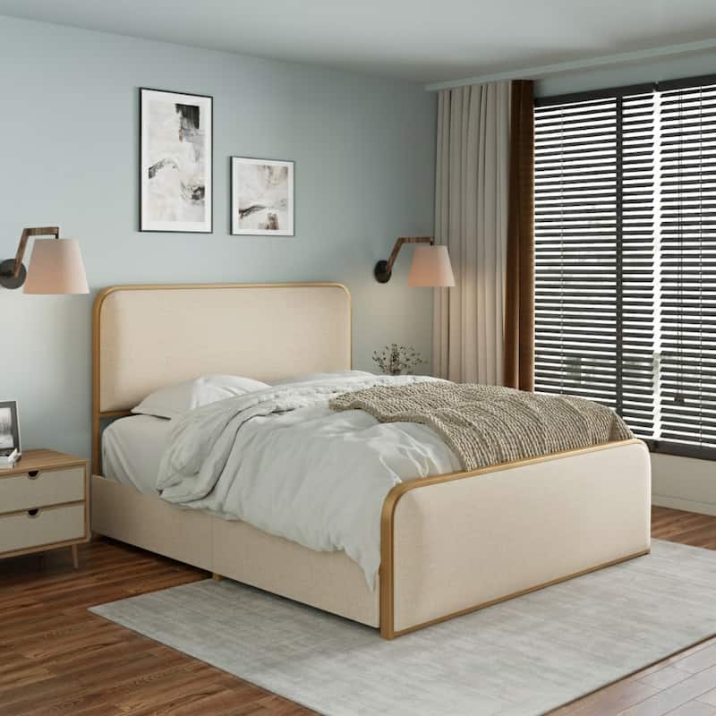 Linen Upholstered Bed Metal Platform Bed Frame with Storage Underneath, Safety Rounded Corners Design Headboard and Footboard - Gold - 4 Drawers - Queen