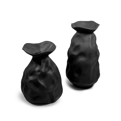 Set of Two Paper Bag Inspired Black Ceramic Vases
