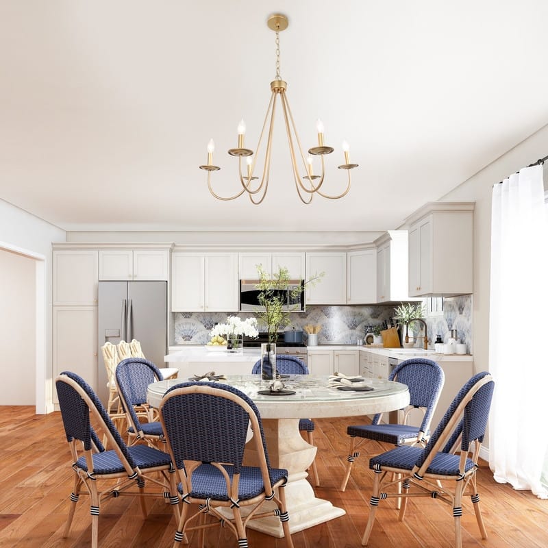 Rella Modern Farmhouse Chandelier 6-light Classic Candle Metal Dining Room Pendant - Light Gold - D28" x H24"