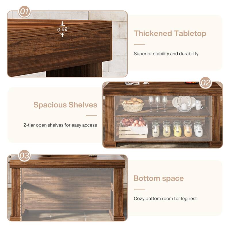 59 Inch Stationary Kitchen Island with Seating and Shelves, Farmhouse Style - 31.5" D x 55.12" W x 35.43" H