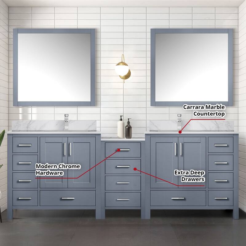 Coraline 92 in W x 22 in D Double Bath Vanity, Carrara Marble Top, and 34 in Mirrors
