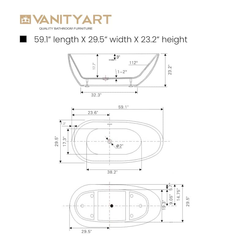 Vanity Art 59" Acrylic Freestanding Soaking Bathtub
