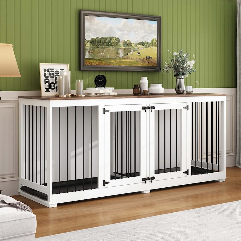 70.9" Large Double Wooden Dog Crate Furniture, Kennel with Dividers