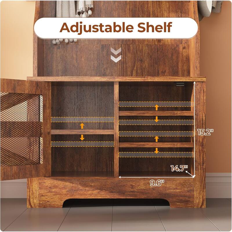 Hall Tree w/ Bench Shoe Storage Shoe Cubby Barn Door Adjustable Shelf