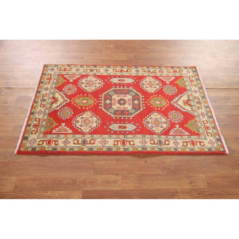 Geometric Kazak Accent Rug Hand-Knotted Wool Carpet - 2'7" x 3'11"