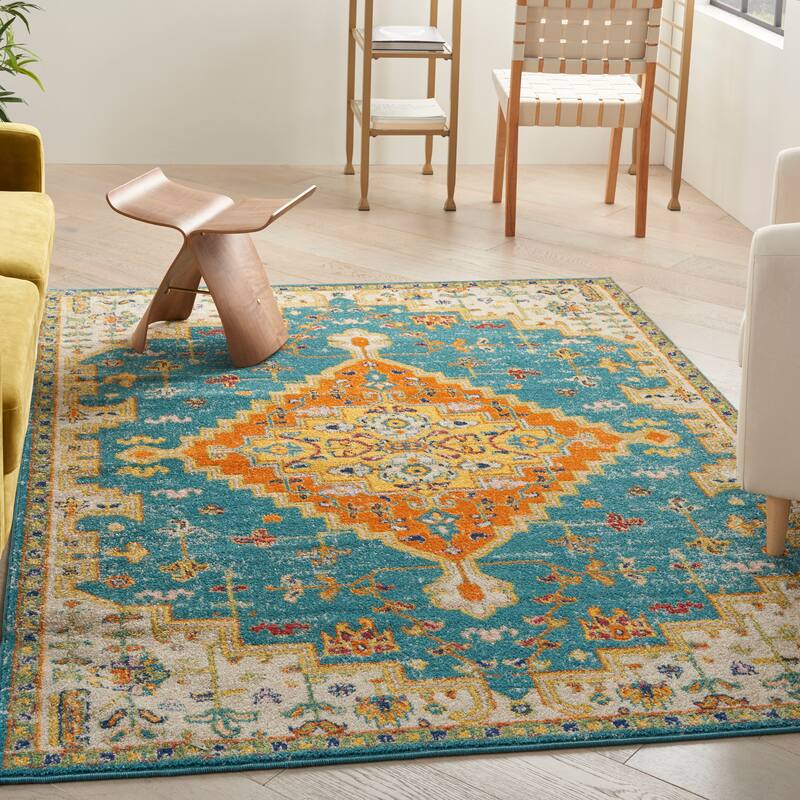 Nourison Allur Modern Persian Boho Floral Medallion Area Rug - 5' 3" x 7' 3" - Turquoise/Ivory - Rectangle