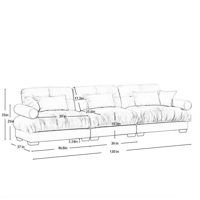 GDFStudio - Velvet 3-Seater 130" Cloud Sofa Couch with Bolstered Armrests