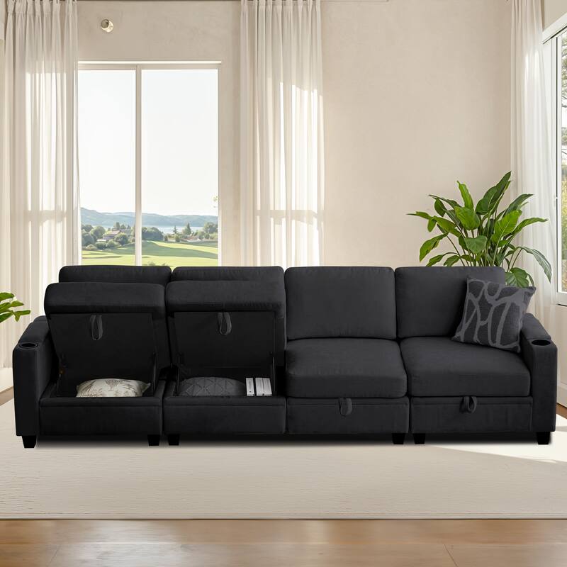 4-Seater Chenille Storage Sofa with Cup Holders