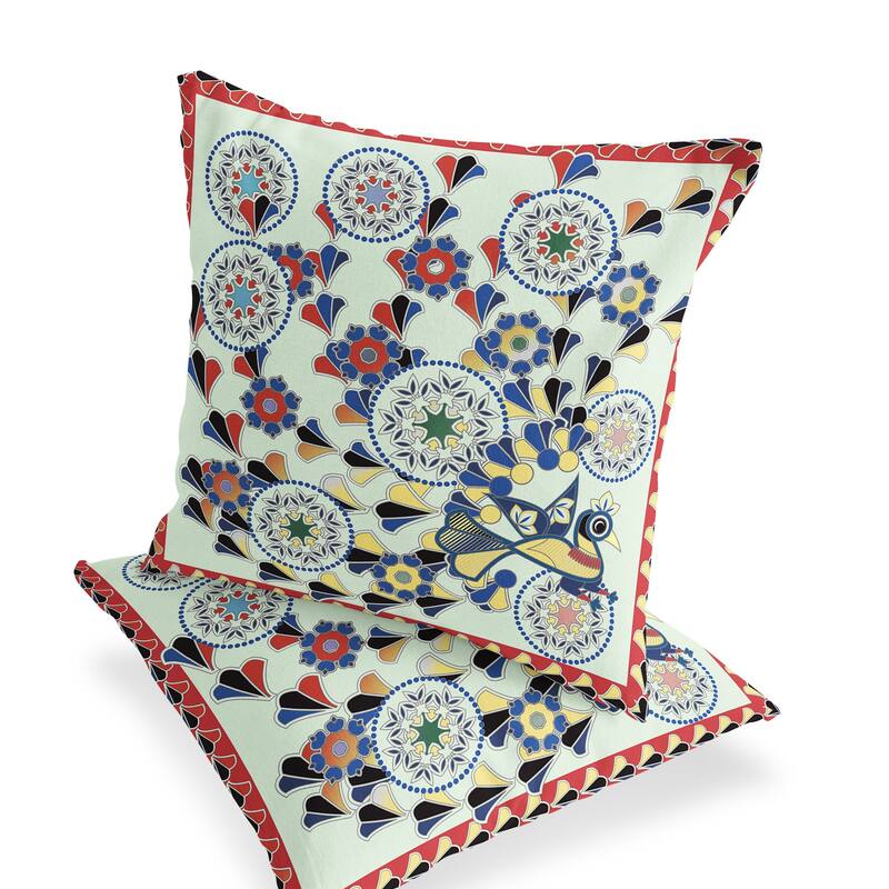 HomeRoots Set of Two 16" X 16" Green and Red Peacock Blown Seam Floral Indoor Outdoor Throw Pillow - 16.00' X '16.00' X '5.00