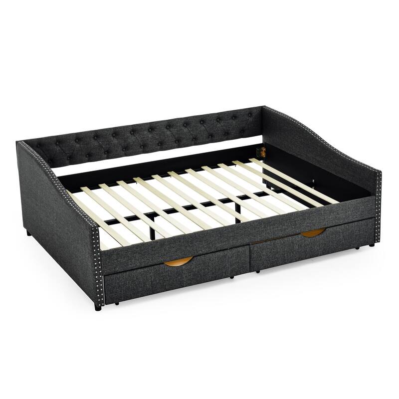 Tufted Button Daybed with 2 Storage Drawers/Upholstered Sofa Bed Frame w/Copper Nail on Waved Shape Armrests/No Spring Box Need