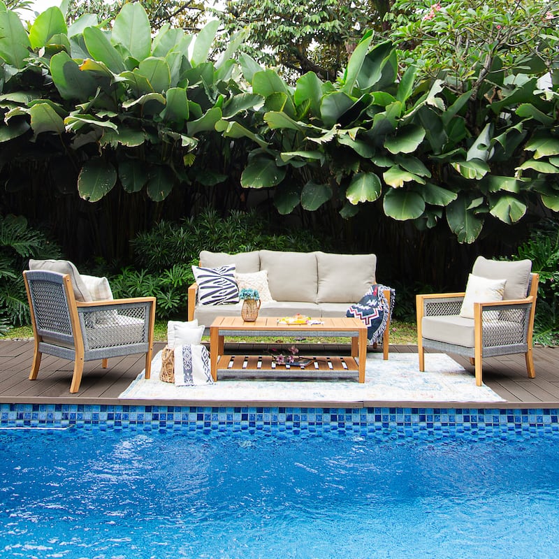 Cambridge Casual Nassau 4-Piece Teak Wood Outdoor Conversation Set - Natural Teak/Biege Cushion