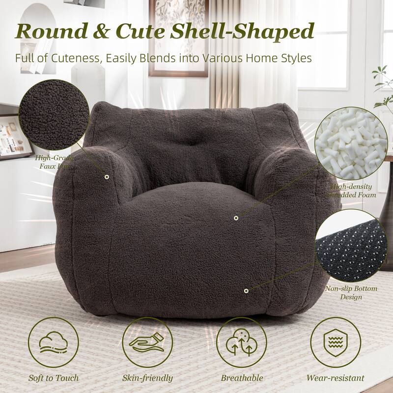 HOMEFUN Teddy Fabric Upholstered High-Density Foam Bean Bag Sofa Chair with Armrests