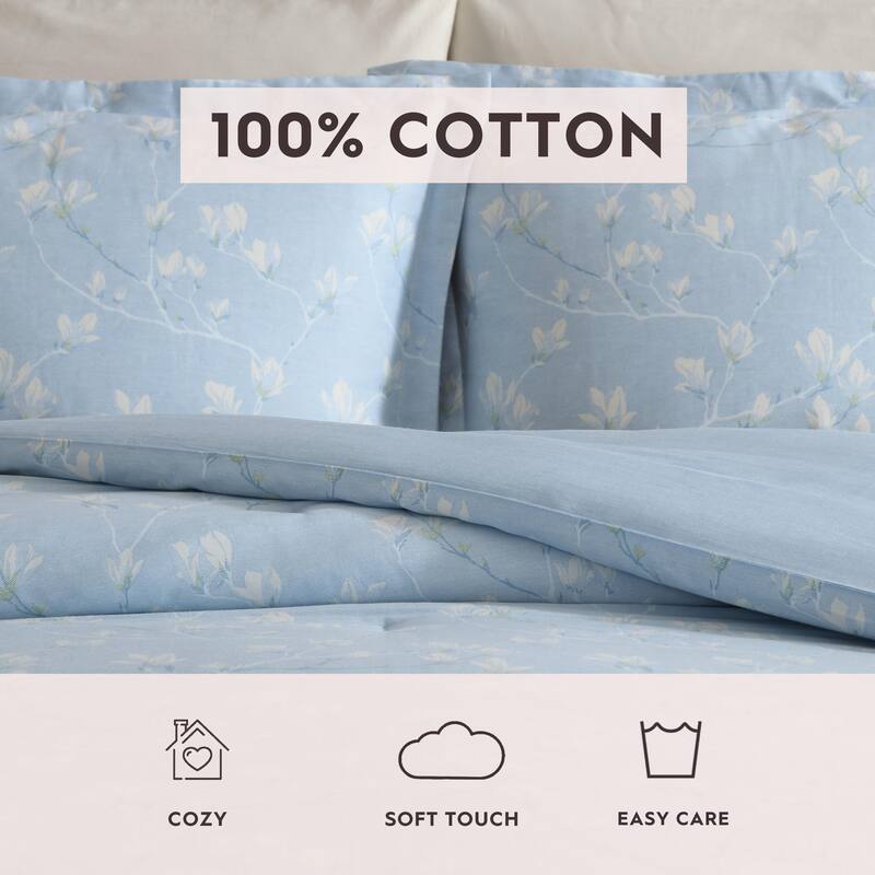 Laura Ashley Magnolia Grove Floral Reversible Breathable Cotton Comforter Set (Blue)