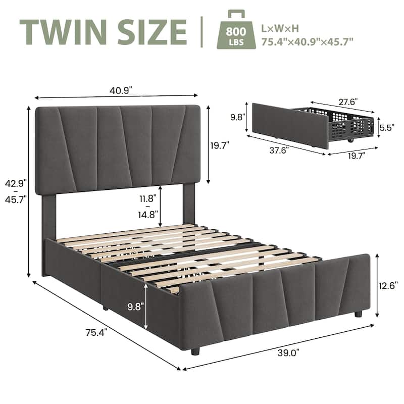 Upholstered Platform Bed Frame with Adjustable Headboard and Drawers