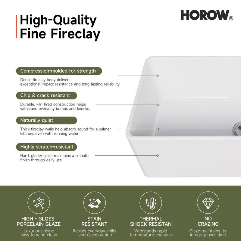 HOROW 33 in. White Fireclay Rectangular Farmhouse Apron-Front Kitchen Sink, Single Bowl with Grid and Strainer
