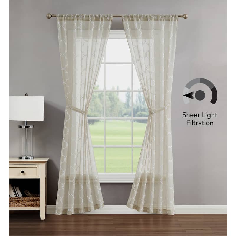 Creative Home Ideas Selena Embroidered Sheer Rod Pocket Window Curtain Panel Pair with Tiebacks - 78" x 84" - Linen
