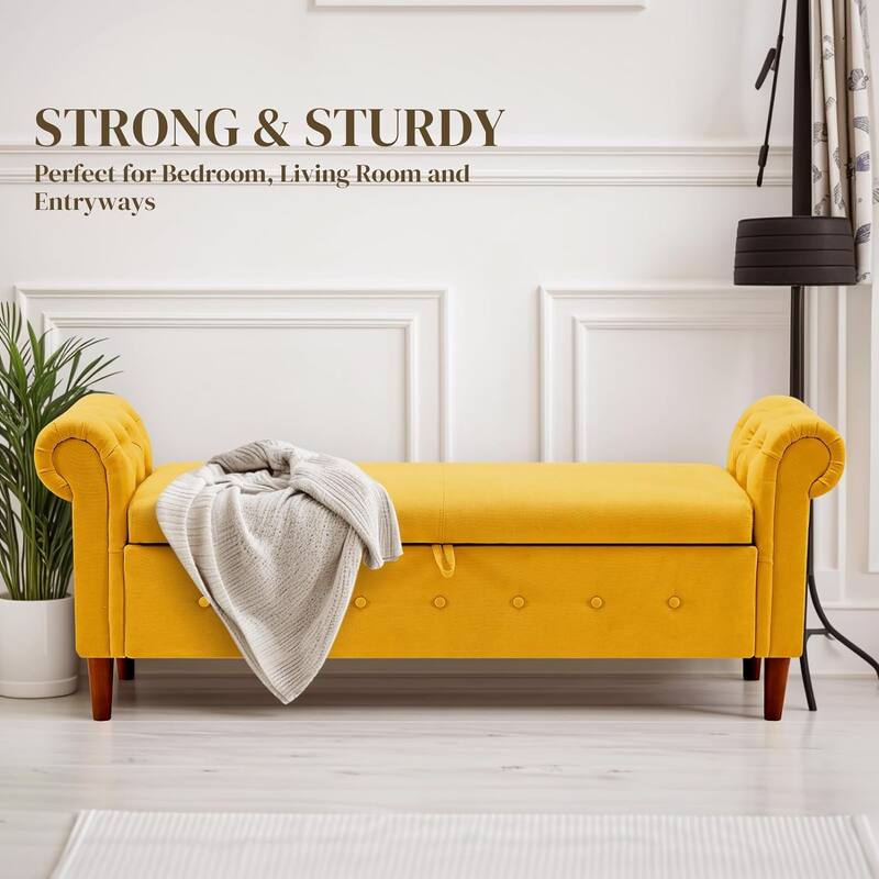 Multipurpose Rectangular Linen Sofa Stool with Large Space Saving Storage, 4 Rubber Wood Feet - 63 x 22.1 x 24.1 inch - Yellow