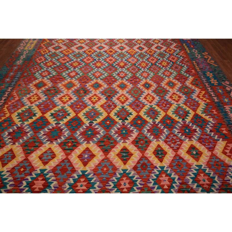 South Western Orange Kilim Oriental Area Rug Hand-Woven Wool Carpet - 10'2" x 12'11"