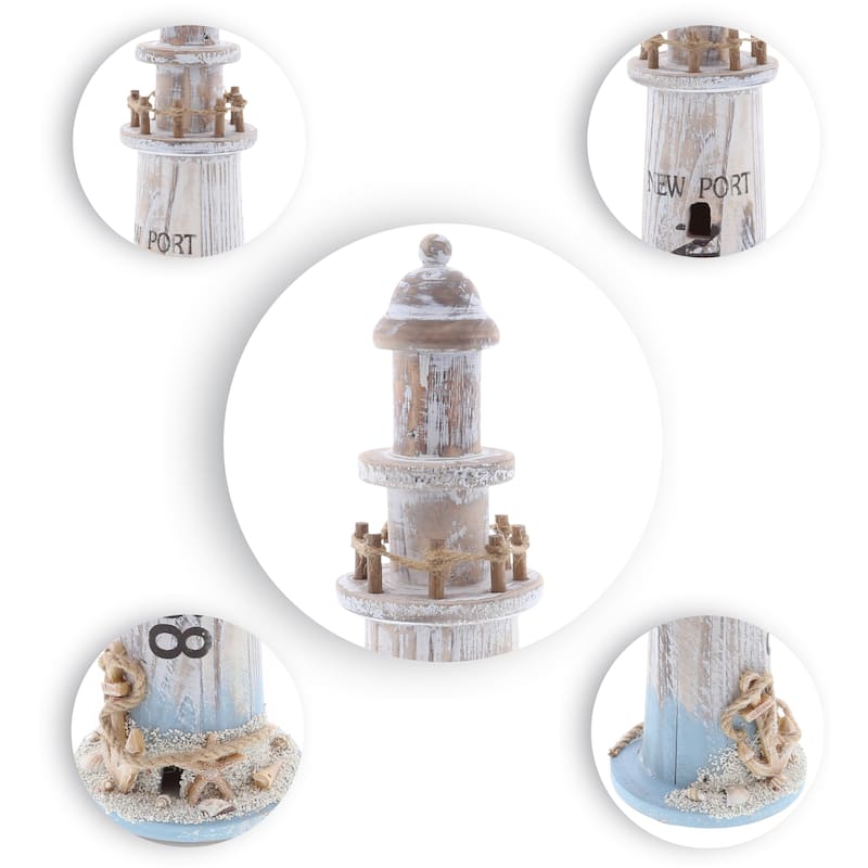 CoTa Global Coastal Horizon Wooden Lighthouse Decorative Tabletop - 13.6 Inches