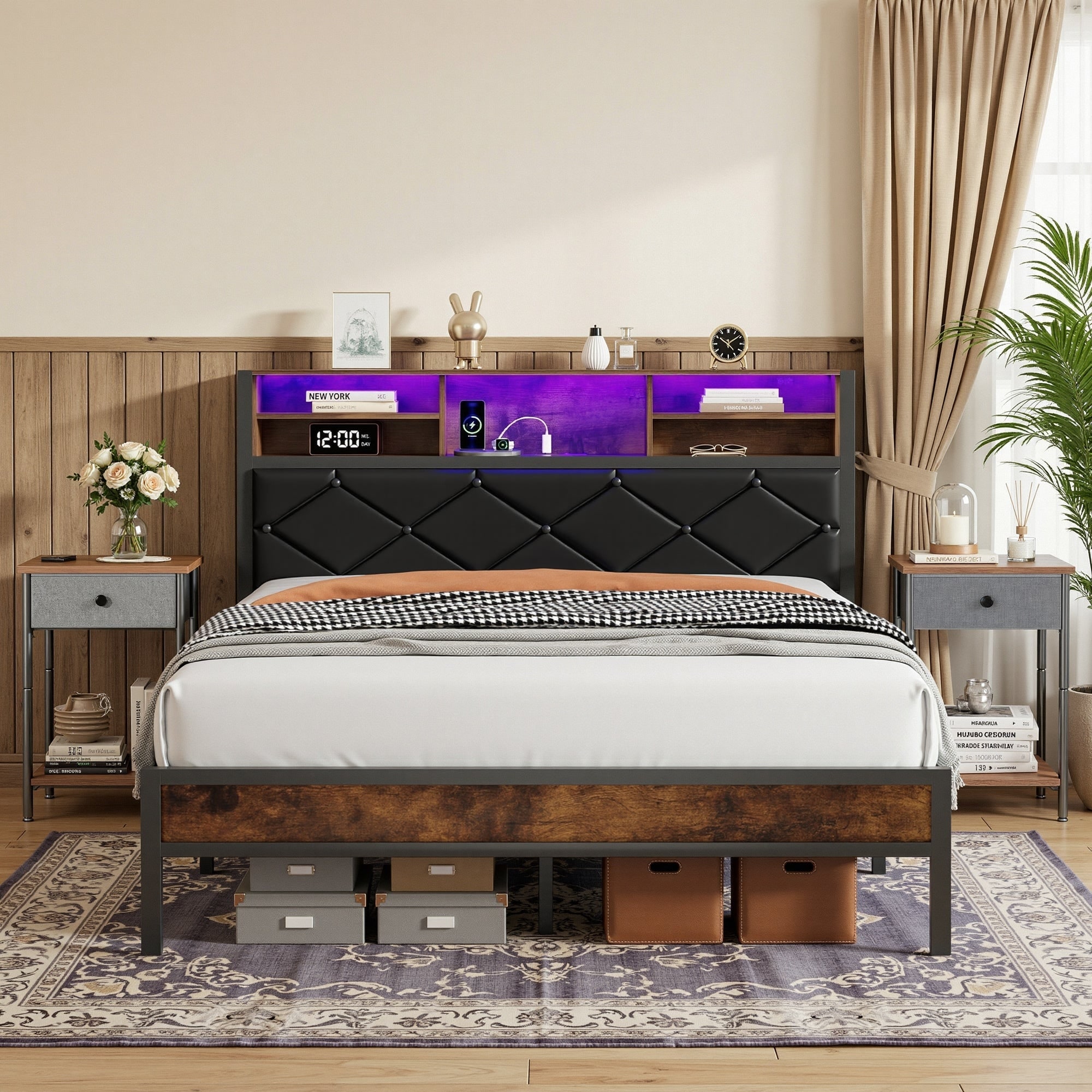 Javlergo Set of 3 Bookcase Headboard Bed Frame with LED Lights & Charging Station Bedroom Set with 2 Fabric Drawer Nightstands