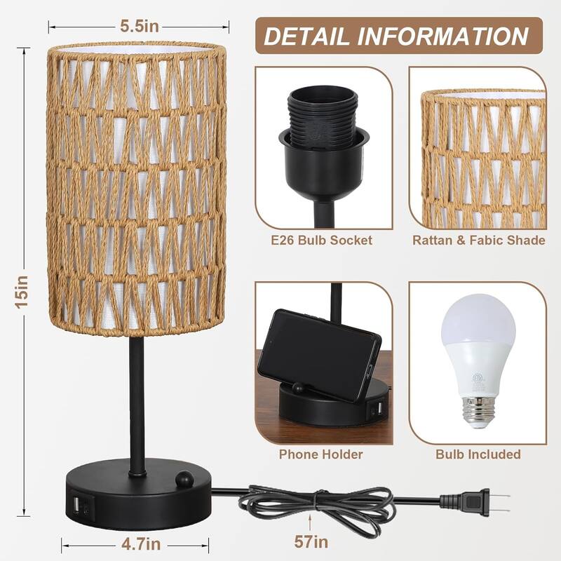 Touch Table Lamp For Bedroom with Bulb, Boho Small Desk Lamp For Living Room With Rattan & Linen Shade