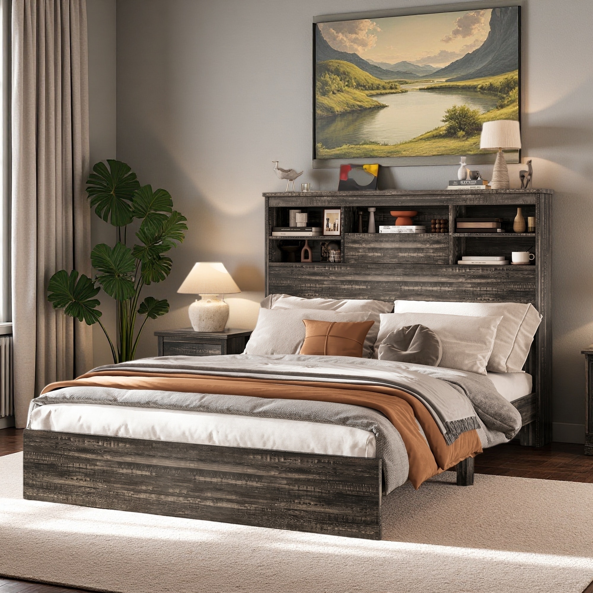 Queen Size 4-Piece Wooden Platform Bedroom Set with Storage Headboard, Charging Station, 2 Nightstands, and Dresser