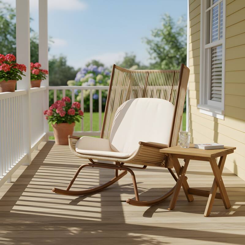 Christopher Knight Home - Wallace Outdoor Faux Rattan High Arc Backrest Rocking Chair Set with Acacia Wood Side Table