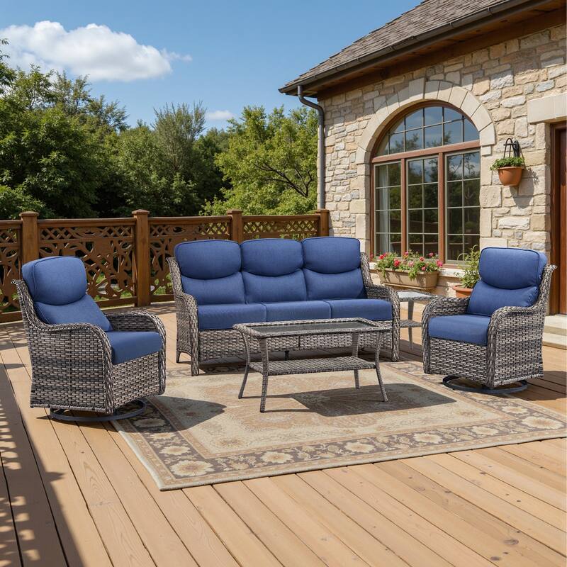 Meyreso 5-Piece Wicker Outdoor Patio Conversation Set with 5-Inch Thick Olefin Cushions - Navy Blue Cushions - Gray Wicker