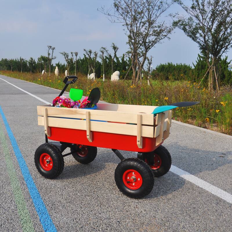 All-Terrain Yard Cart - Adjustable Handle, Large Capacity, Steel and Wood Construction with 180° Steering - Metal