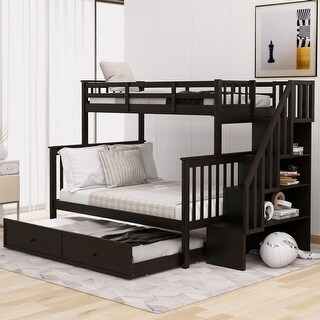 Solid Wood Twin over Full Bunk Bed Frame with Twin Trundle Bed, Full Headboard, Stairs Storage Shelves and Full-length Guardrail
