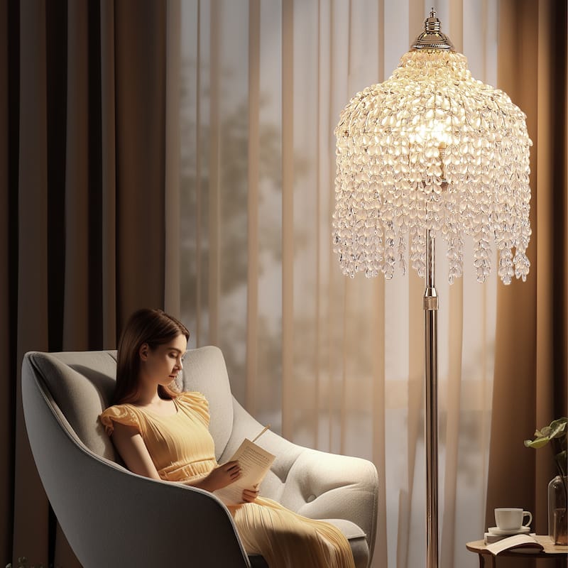 3-Light Crystal Floor Lamp - Grape Beads - Marble Base - Living Bedroom (Bulb Not Included)