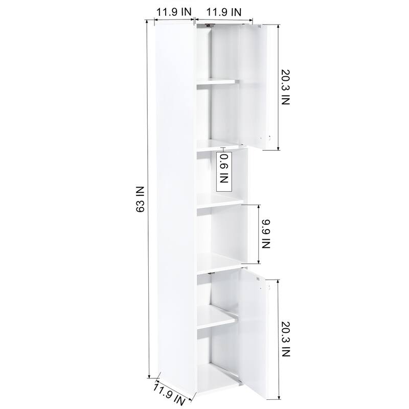 HomyLin White MDF Wood 63-Inch Tall Linen Tower Bathroom Cabinet Narrow Storage Organizer with 6-Shelve - White