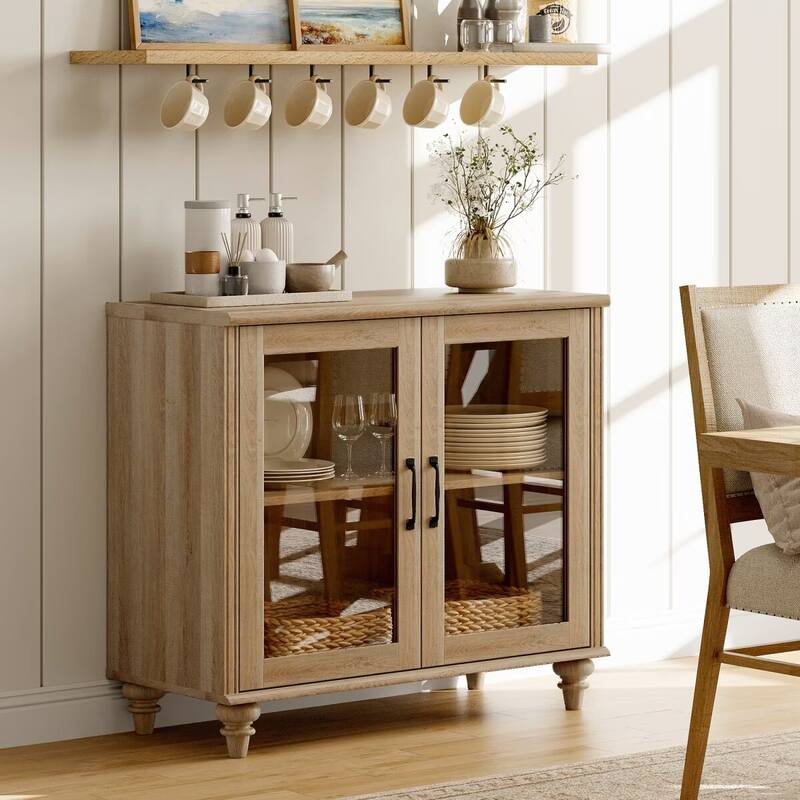 Kitchen Sideboard Buffet Cabinet, Glass Display Cabinet with Storage - 34 Inch - Oak